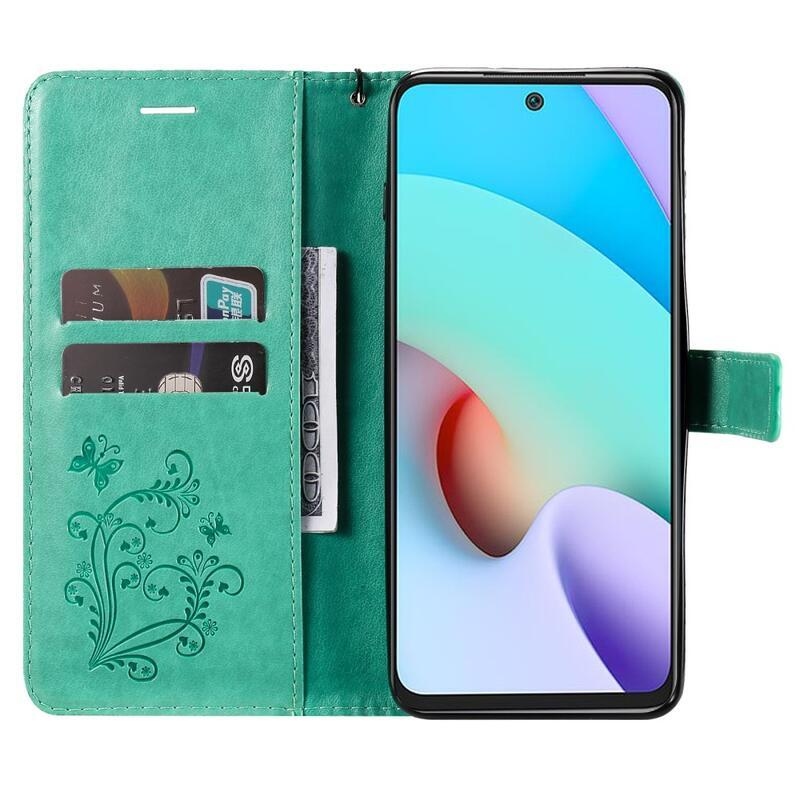 Butterfly PU kožené peněženkové puzdro na mobil Xiaomi Redmi 10/Redmi 10 (2022) - zelené