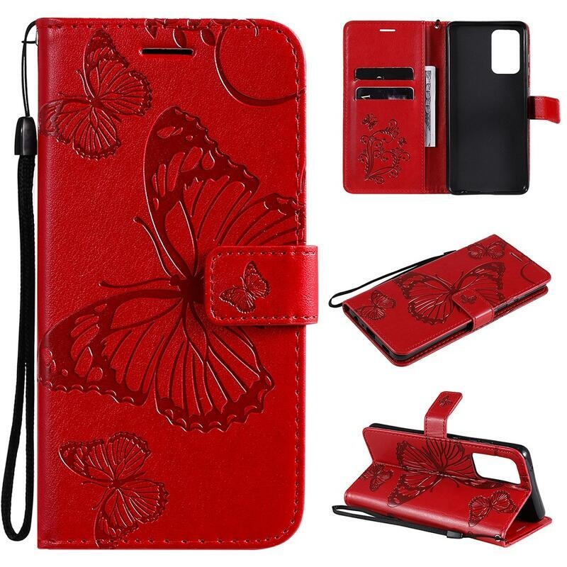 Butterfly PU kožené peněženkové púzdro pre mobil Samsung Galaxy A52 5G / 4G / A52s 5G - červené