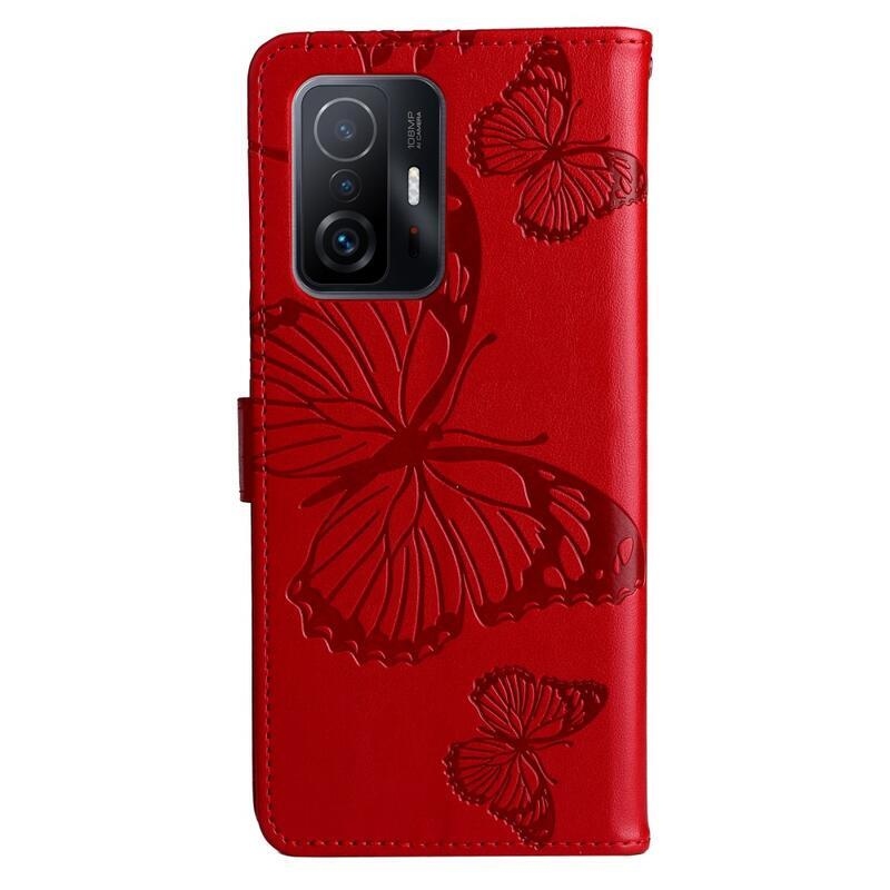 Butterfly PU kožené peněženkové puzdro pre mobilný telefón Xiaomi 11T / 11T Pro - červené