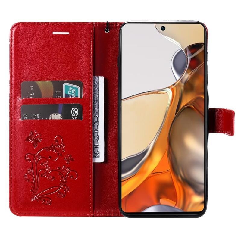 Butterfly PU kožené peněženkové puzdro pre mobilný telefón Xiaomi 11T / 11T Pro - červené