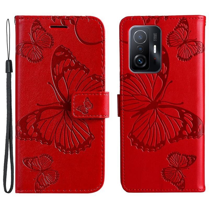 Butterfly PU kožené peněženkové puzdro pre mobilný telefón Xiaomi 11T / 11T Pro - červené