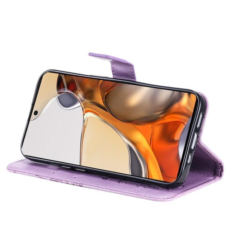Butterfly PU kožené peněženkové puzdro pre mobilný telefón Xiaomi 11T / 11T Pro - fialové