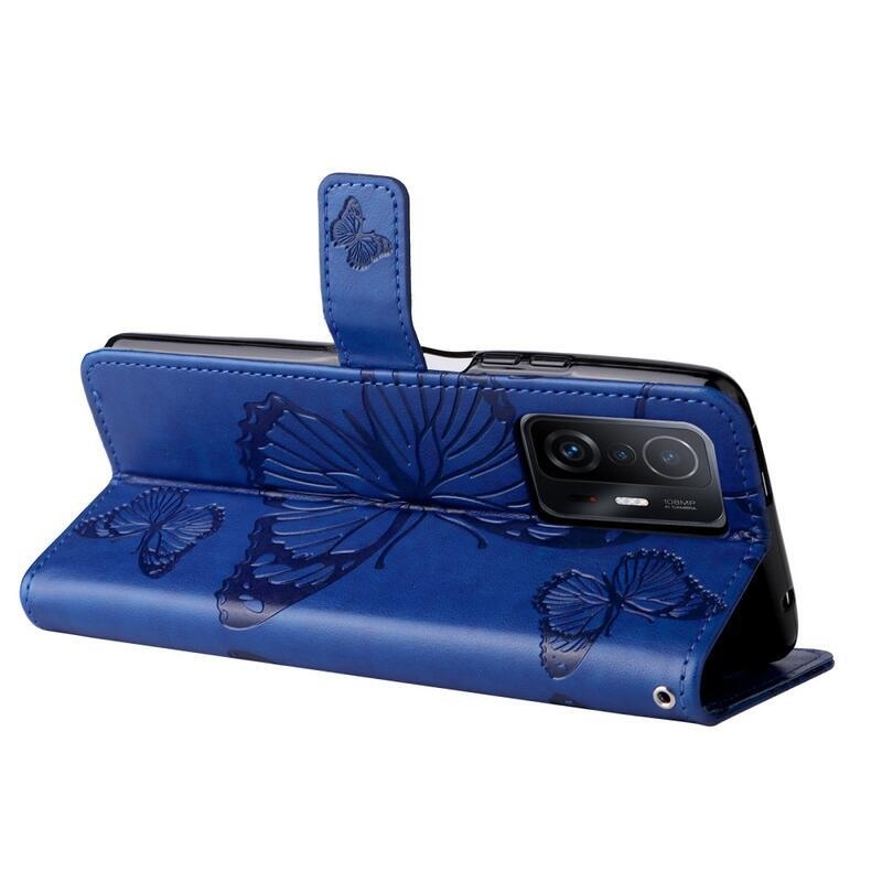 Butterfly PU kožené peněženkové puzdro pre mobilný telefón Xiaomi 11T / 11T Pro - modré