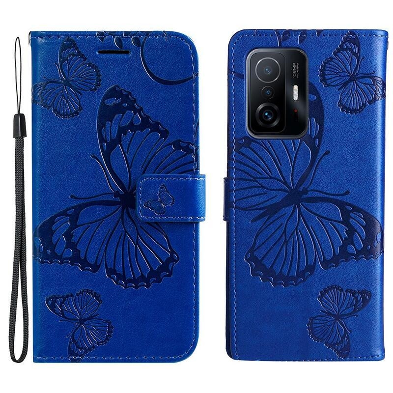 Butterfly PU kožené peněženkové puzdro pre mobilný telefón Xiaomi 11T / 11T Pro - modré