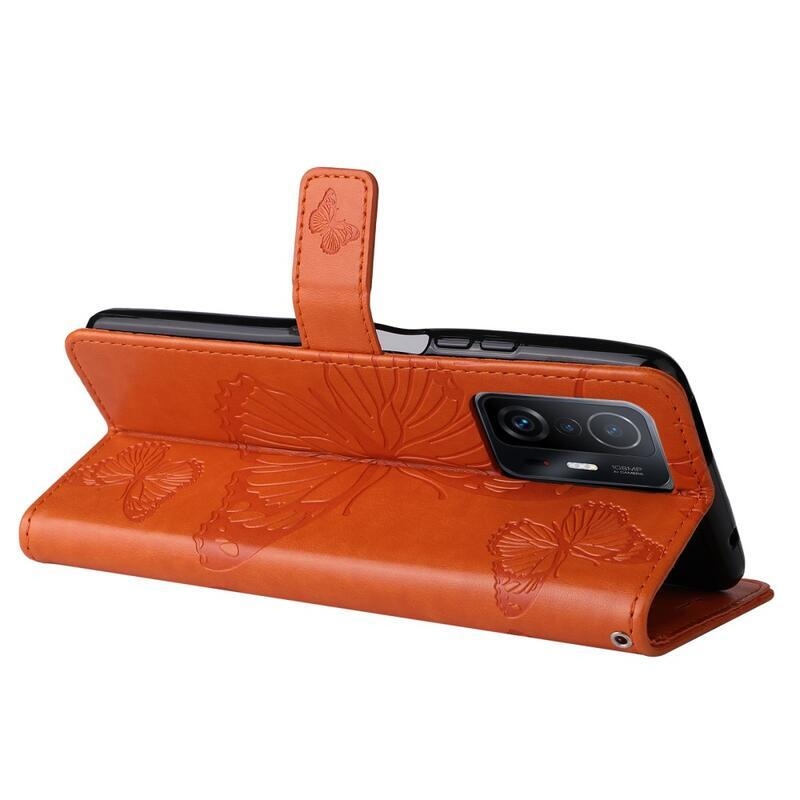 Butterfly PU kožené peněženkové puzdro pre mobilný telefón Xiaomi 11T / 11T Pro - oranžové