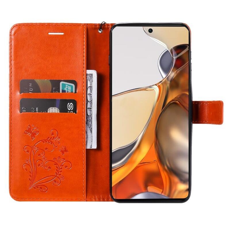 Butterfly PU kožené peněženkové puzdro pre mobilný telefón Xiaomi 11T / 11T Pro - oranžové