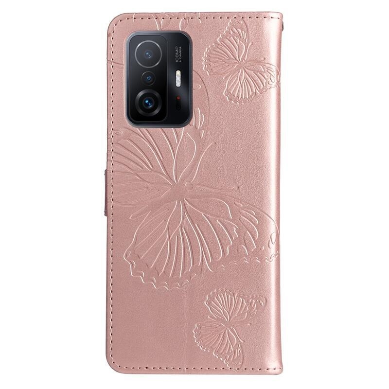 Butterfly PU kožené peněženkové puzdro pre mobilný telefón Xiaomi 11T / 11T Pro - růžovozlaté