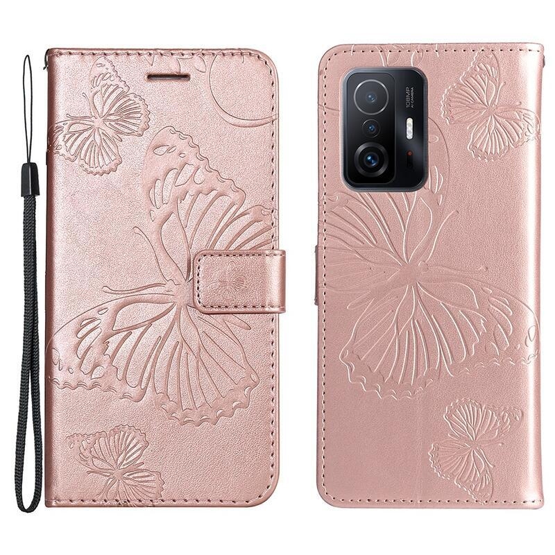 Butterfly PU kožené peněženkové puzdro pre mobilný telefón Xiaomi 11T / 11T Pro - růžovozlaté