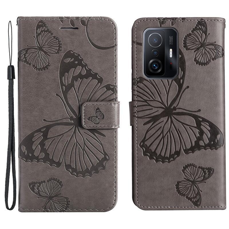 Butterfly PU kožené peněženkové puzdro pre mobilný telefón Xiaomi 11T / 11T Pro - šedé