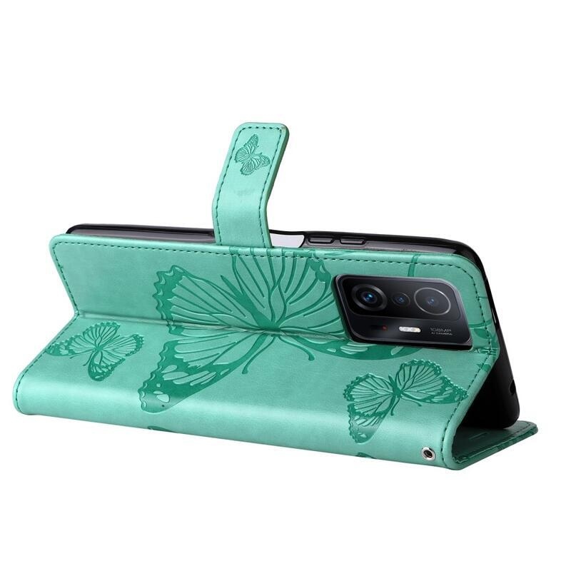 Butterfly PU kožené peněženkové puzdro pre mobilný telefón Xiaomi 11T / 11T Pro - zelené