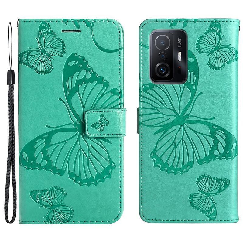 Butterfly PU kožené peněženkové puzdro pre mobilný telefón Xiaomi 11T / 11T Pro - zelené