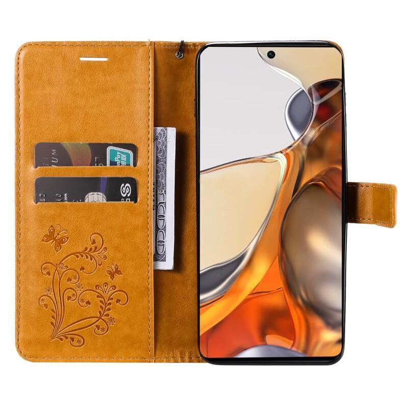 Butterfly PU kožené peněženkové puzdro pre mobilný telefón Xiaomi 11T / 11T Pro - žlté