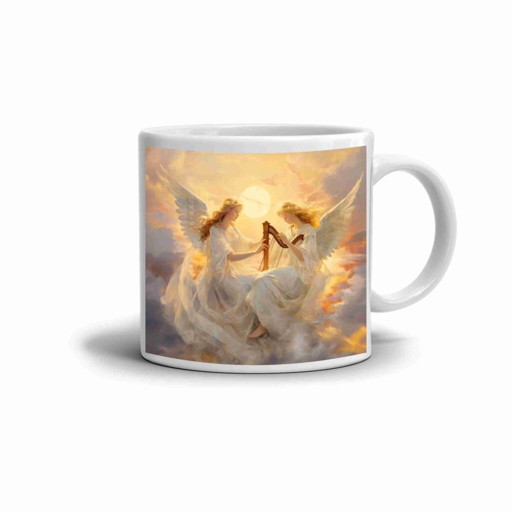 Biely keramický hrnček 330ml s obrázkom - anjeli v oblakoch