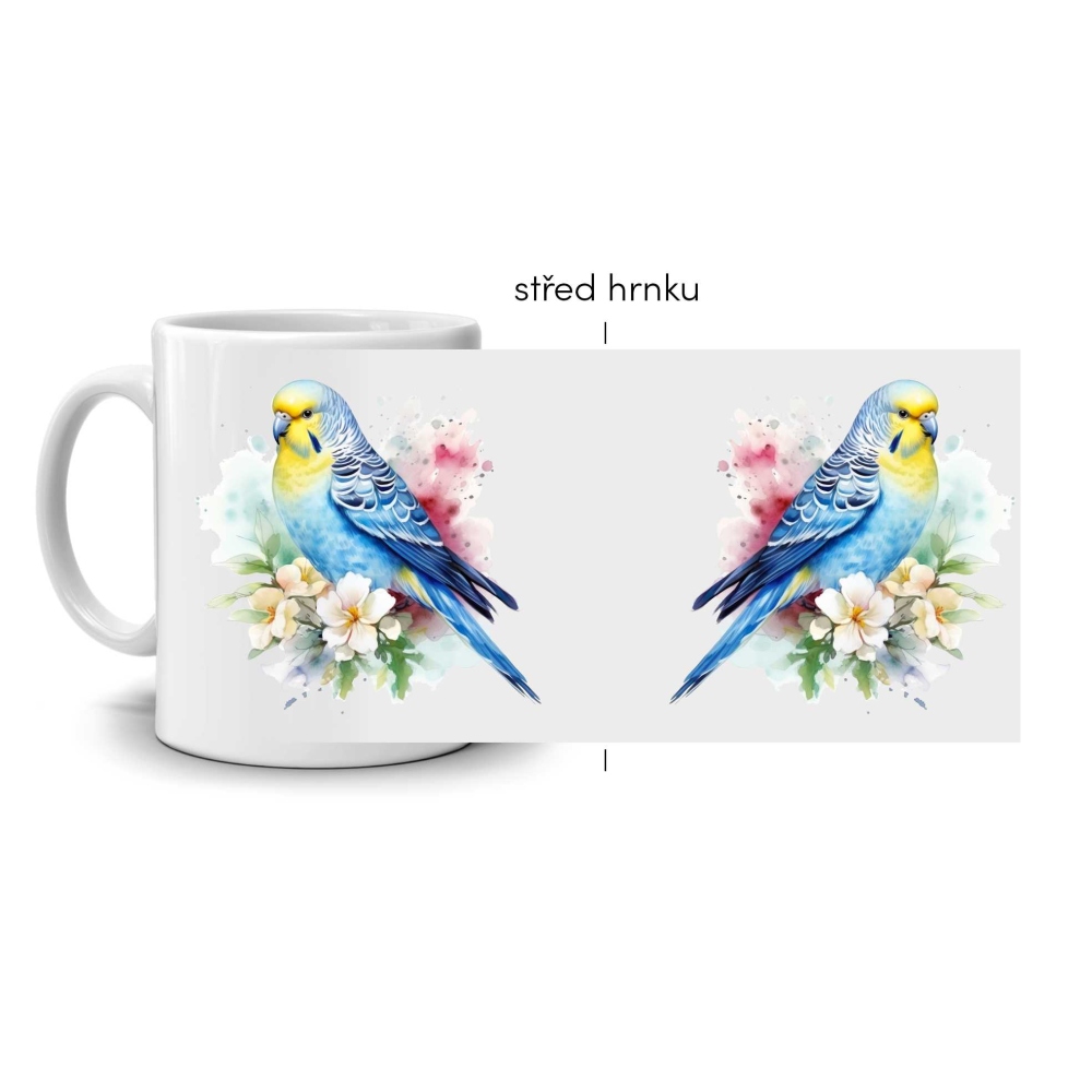 Biely keramický hrnček 330ml s obrázkom - andulka v akvarelovom štýle