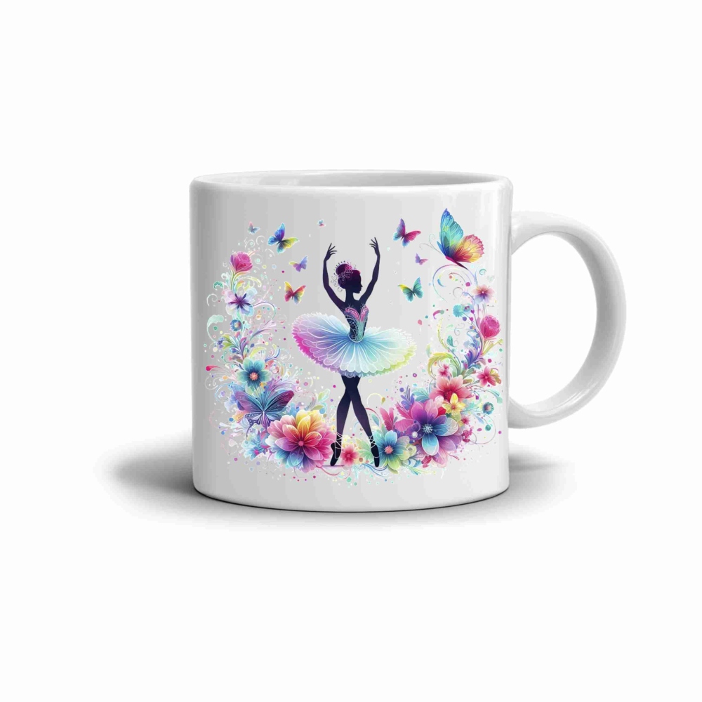 Biely keramický hrnček 330ml s obrázkom - baletka v kvetoch