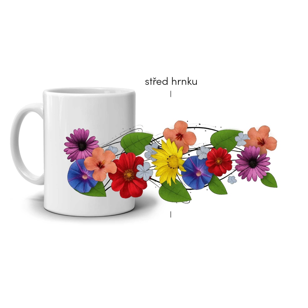 Biely keramický hrnček 330ml s obrázkom - farebné kvety