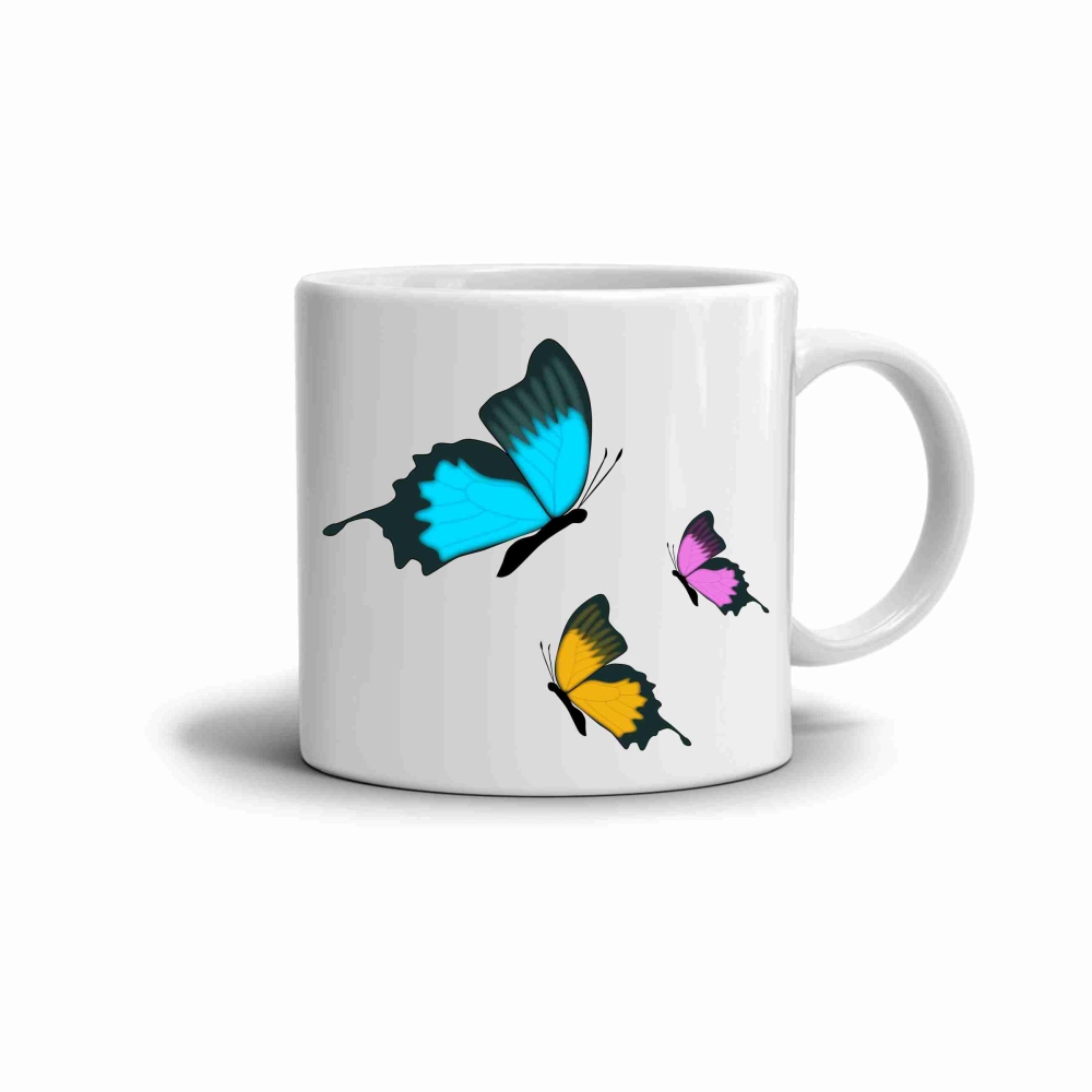 Biely keramický hrnček 330ml s obrázkom - farební motýle