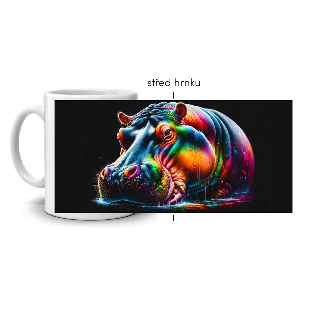 Biely keramický hrnček 330ml s obrázkom - farebný hroch