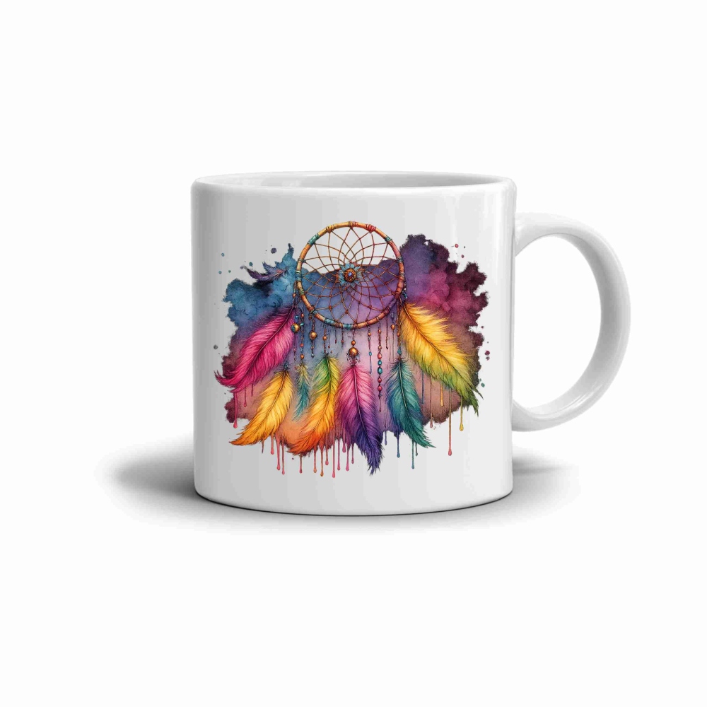 Biely keramický hrnček 330ml s obrázkom - farebný lapač snov