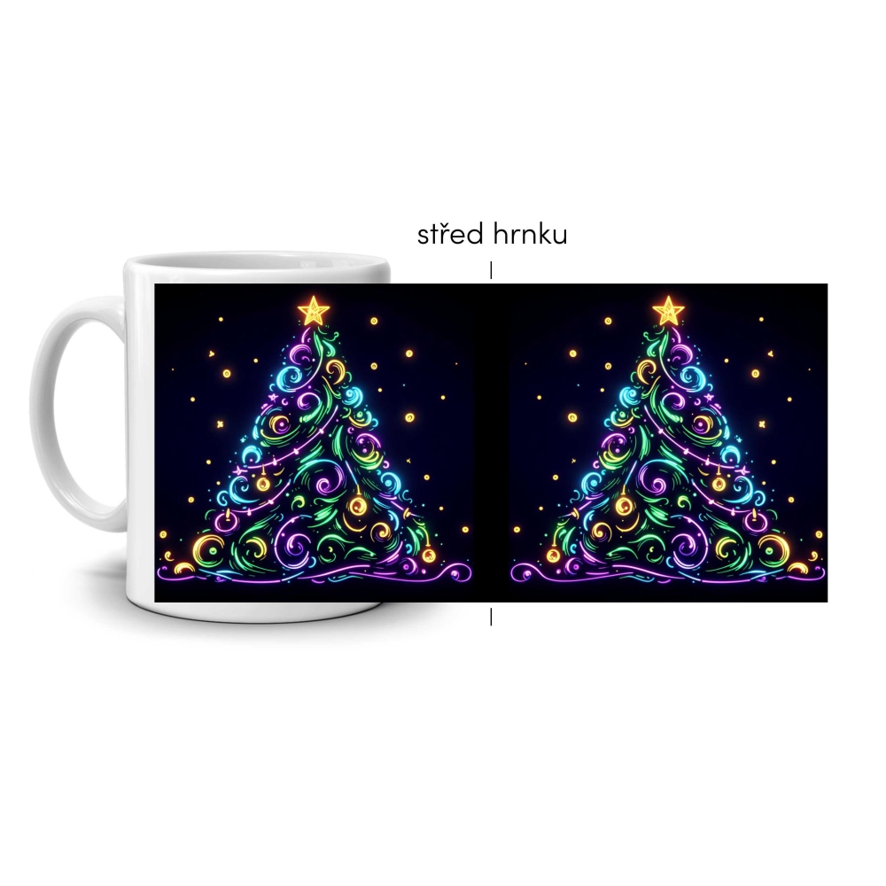Biely keramický hrnček 330ml s obrázkom - farebný svietiaci stromček