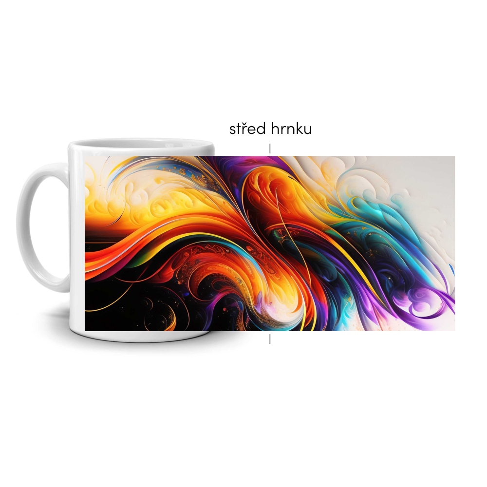 Biely keramický hrnček 330ml s obrázkom - farebný uragán