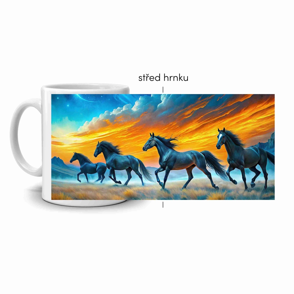 Biely keramický hrnček 330ml s obrázkom - beh slobodných koní