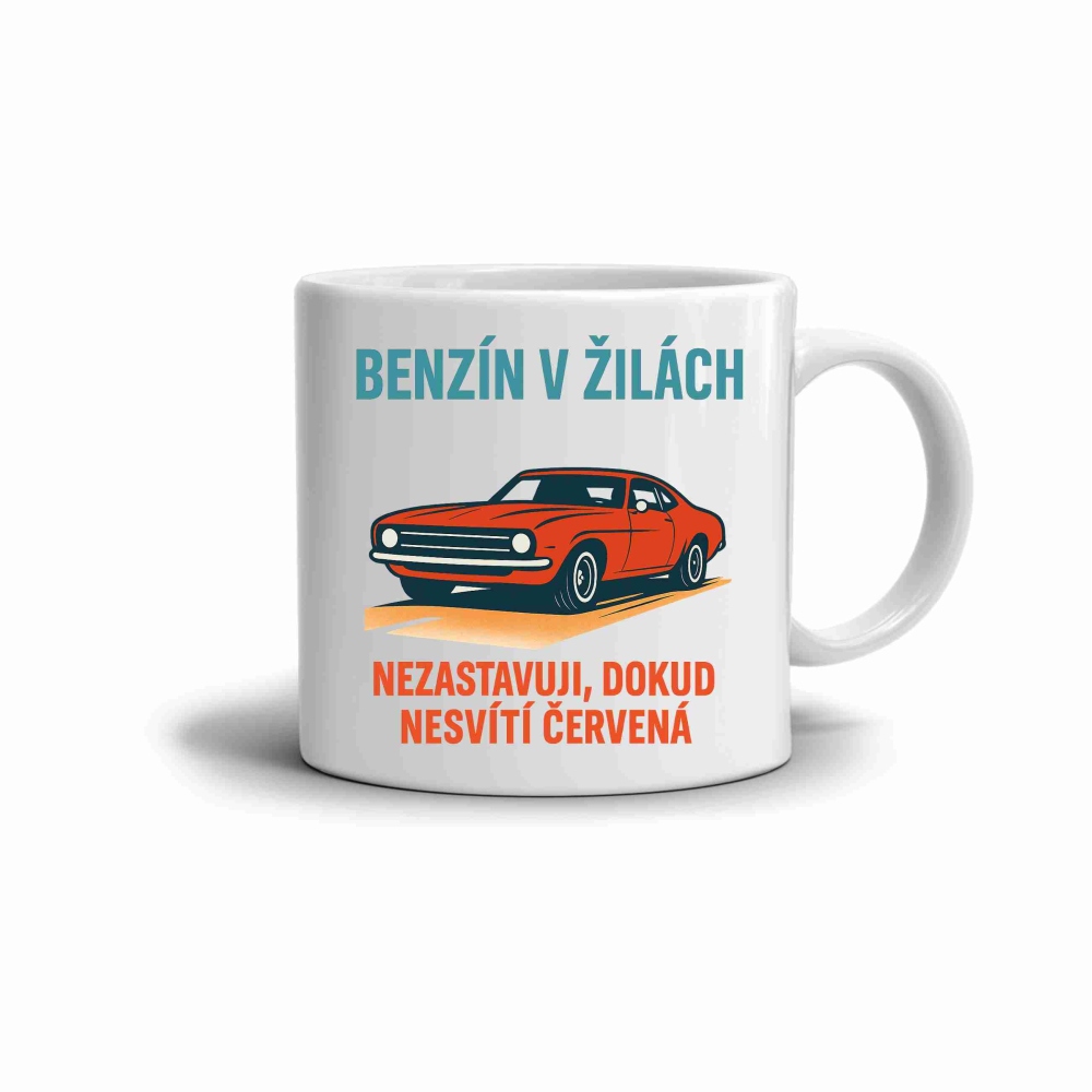 Biely keramický hrnček 330ml s obrázkom - benzín v žilách