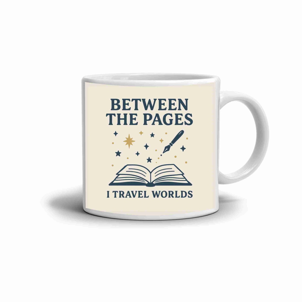 Biely keramický hrnček 330ml s obrázkom - between the pages