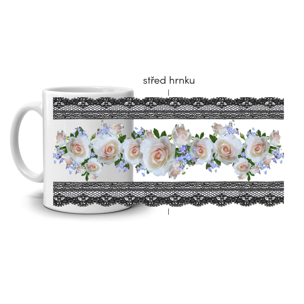 Biely keramický hrnček 330ml s obrázkom - biele ruže v krajke