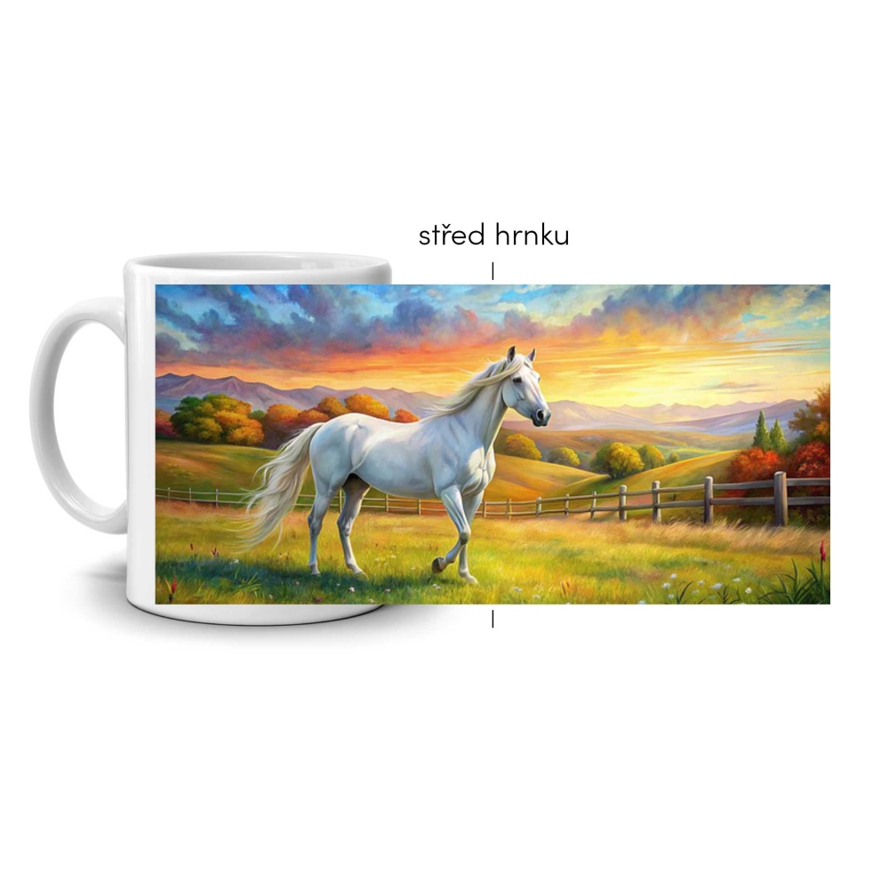 Biely keramický hrnček 330ml s obrázkom - biely kôň pri západe slnka