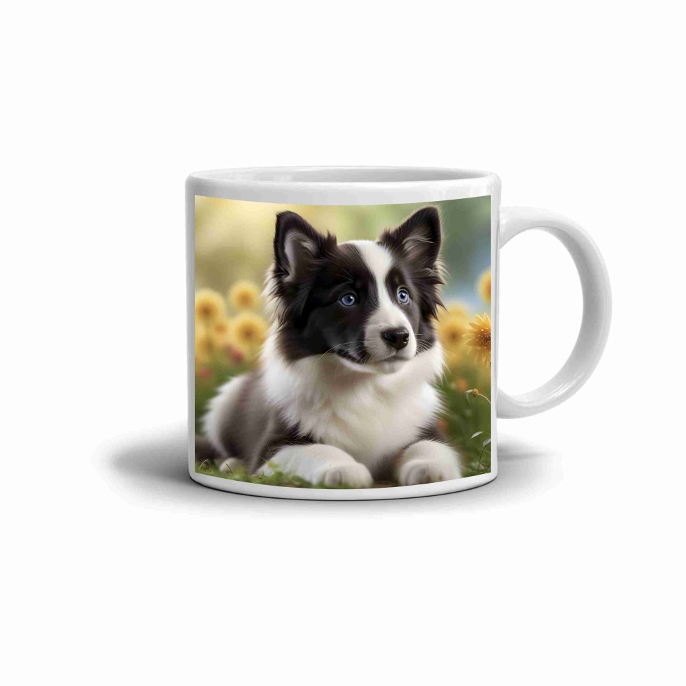 Biely keramický hrnček 330ml s obrázkom - border kólia v kvetoch