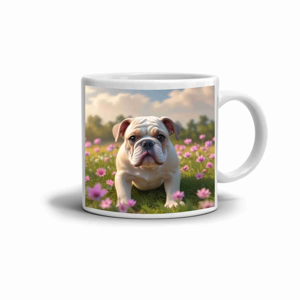 Biely keramický hrnček 330ml s obrázkom - buldoček na lúke