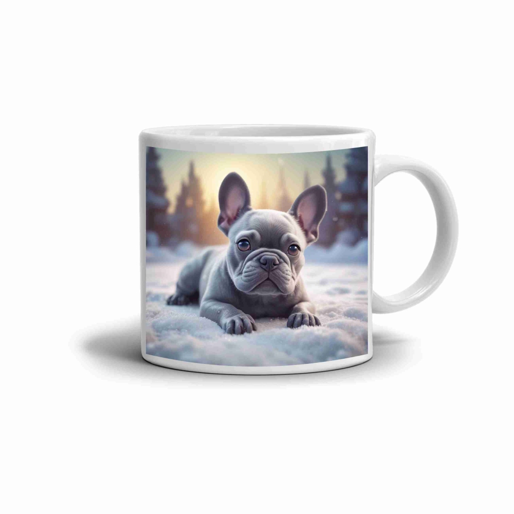 Biely keramický hrnček 330ml s obrázkom - buldoček v snehu