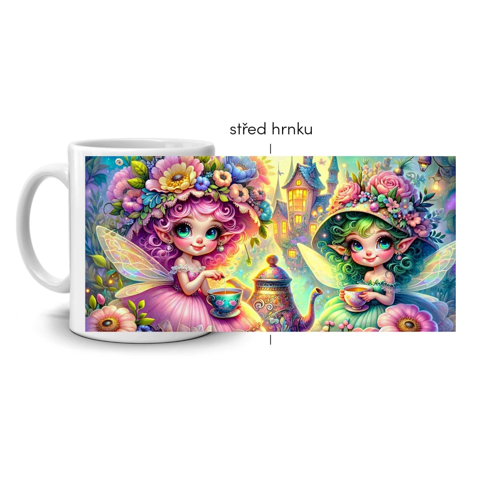 Biely keramický hrnček 330ml s obrázkom - čajový večierok