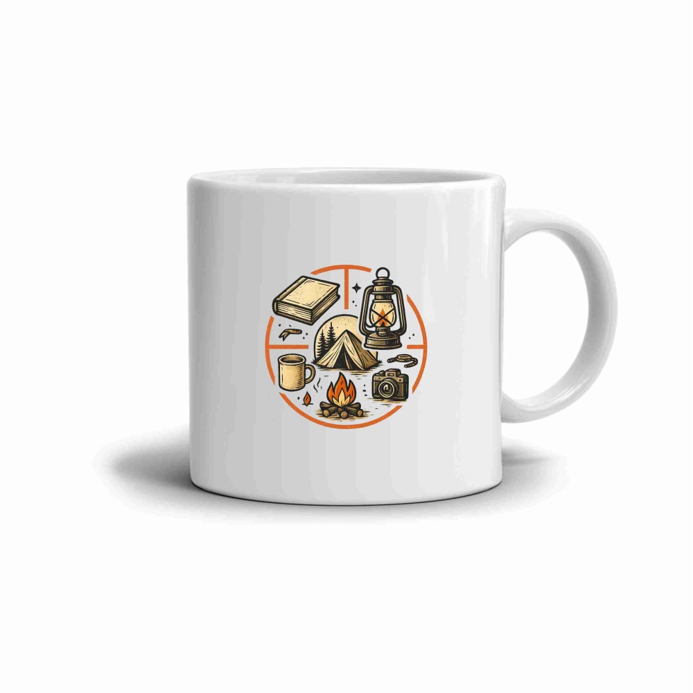 Biely keramický hrnček 330ml s obrázkom - camping kruh