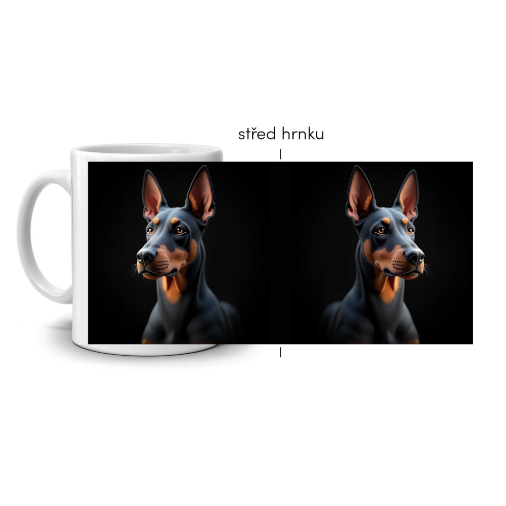 Biely keramický hrnček 330ml s obrázkom - celoplošný motív doberman