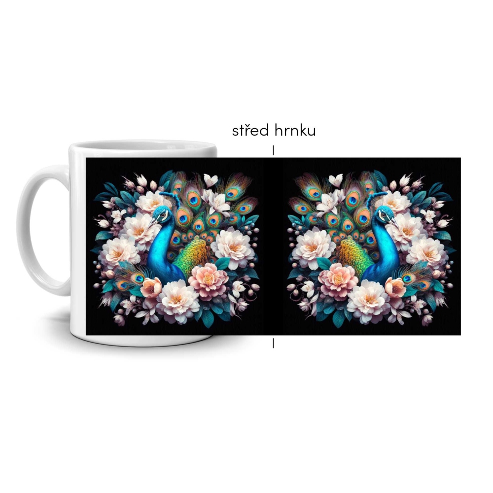 Biely keramický hrnček 330ml s obrázkom - celoplošný motív kvetinový páv