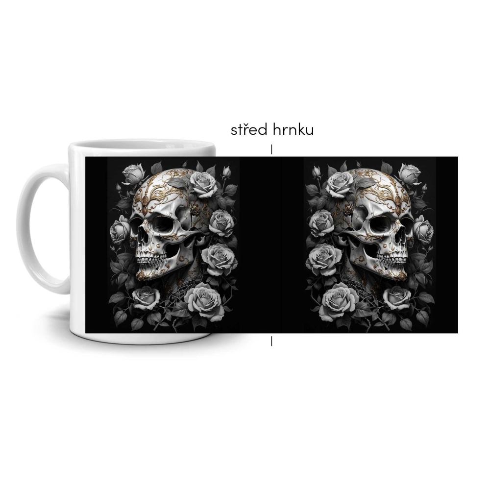 Biely keramický hrnček 330ml s obrázkom - celoplošný motív lebky s ružami