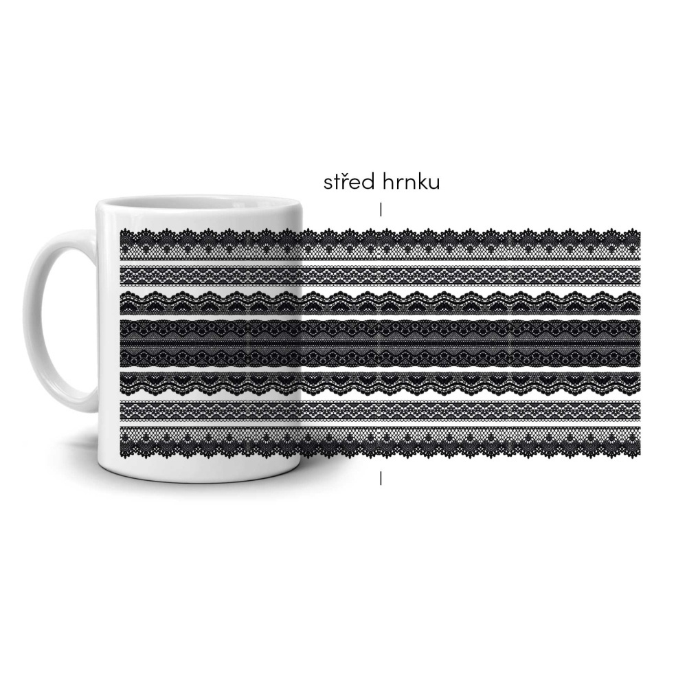Biely keramický hrnček 330ml s obrázkom - čierny čipkový vzor