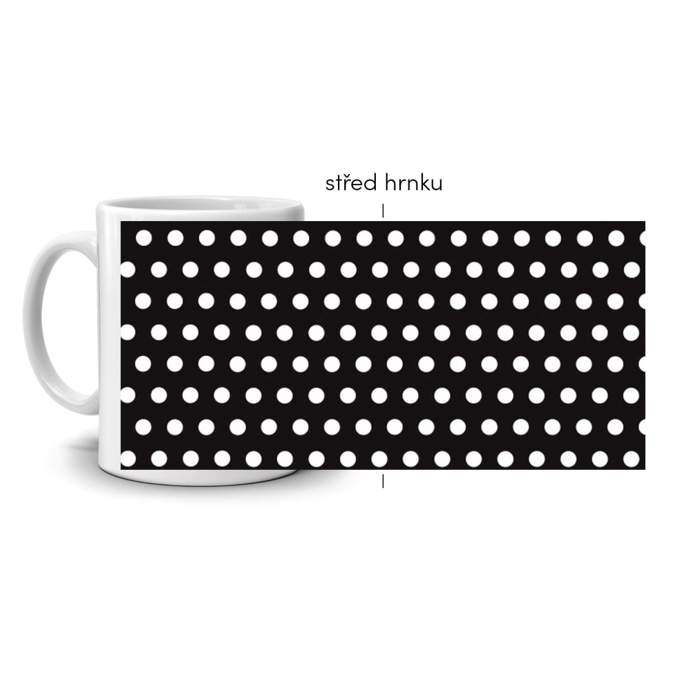 Biely keramický hrnček 330ml s obrázkom - čierny s bielymi bodkami