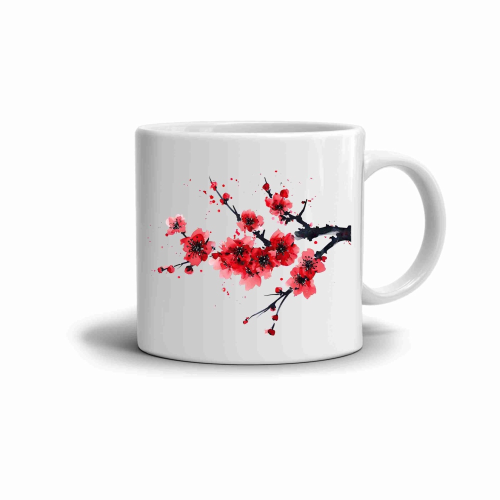 Biely keramický hrnček 330ml s obrázkom - červená sakura