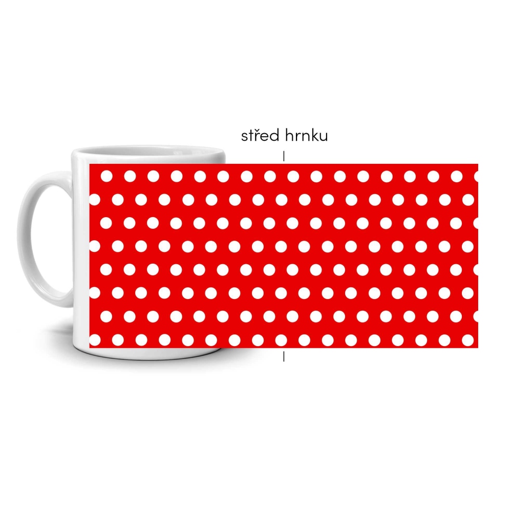 Biely keramický hrnček 330ml s obrázkom - červenobiely bodkový vzor