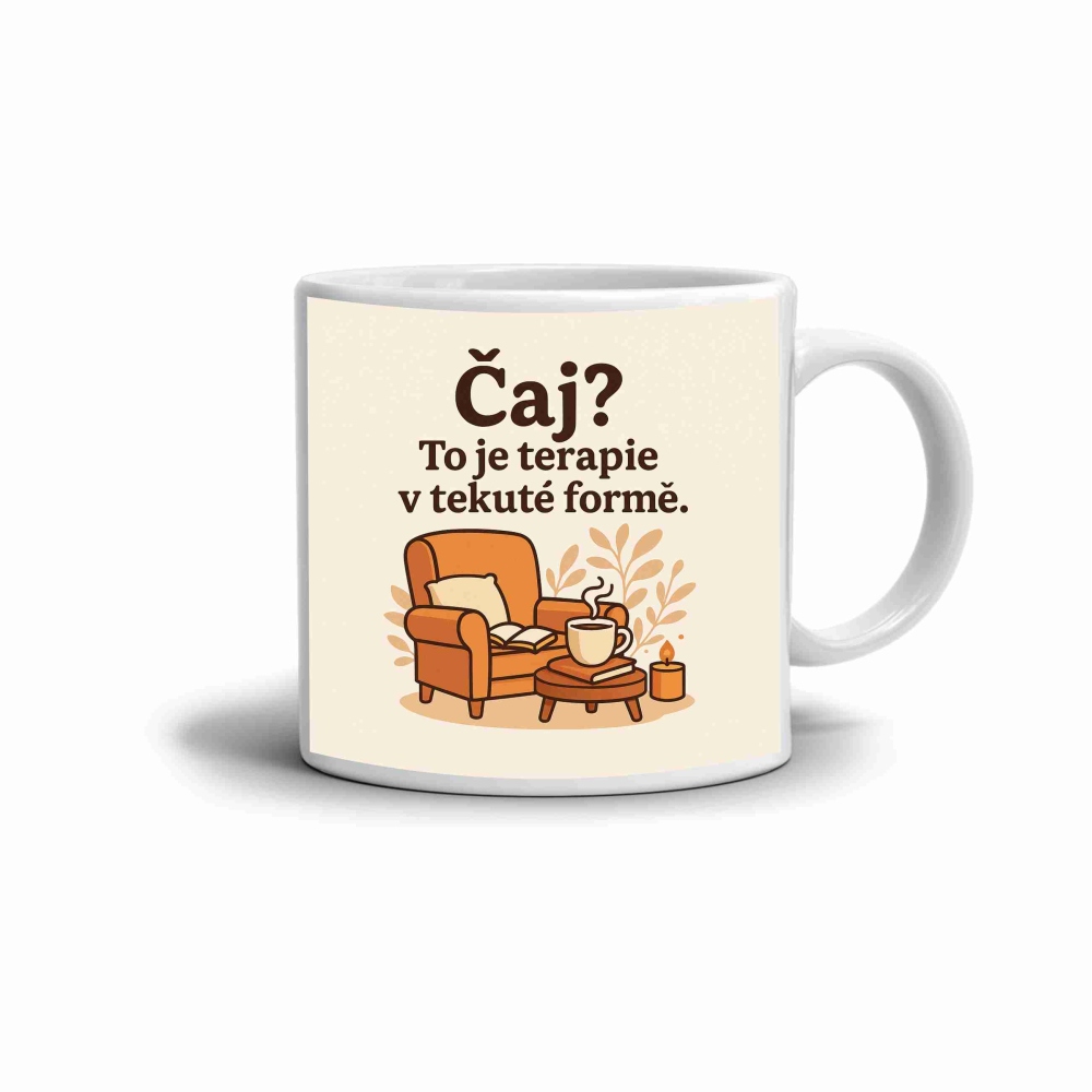 Biely keramický hrnček 330ml s obrázkom - citát čaj je terapia