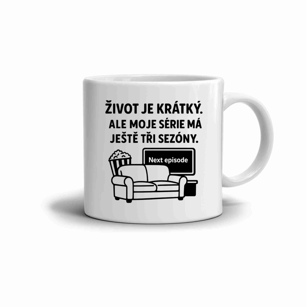 Biely keramický hrnček 330ml s obrázkom - citát život je krátky