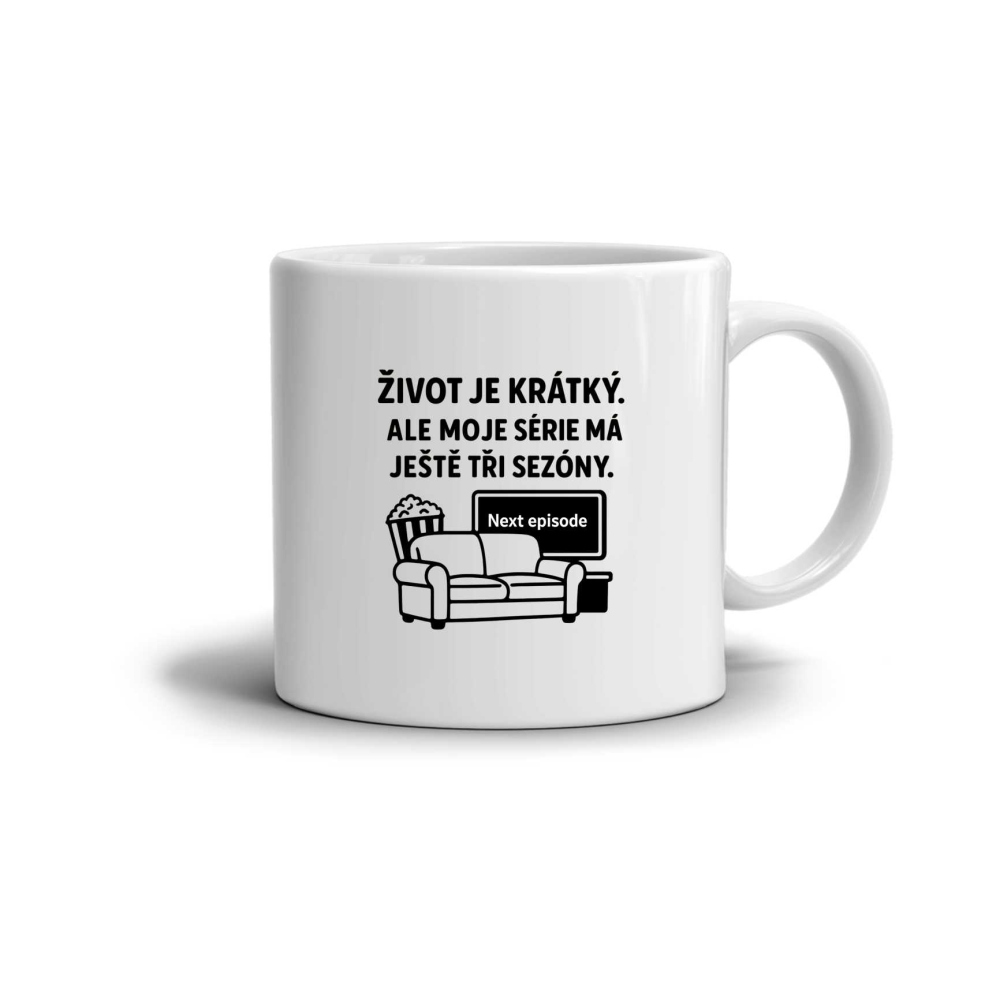 Biely keramický hrnček 330ml s obrázkom - citát život je krátky