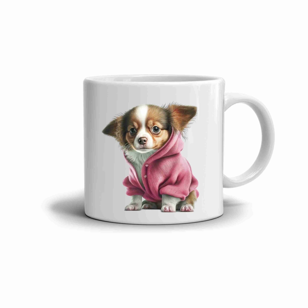 Biely keramický hrnček 330ml s obrázkom - čivava v mikine