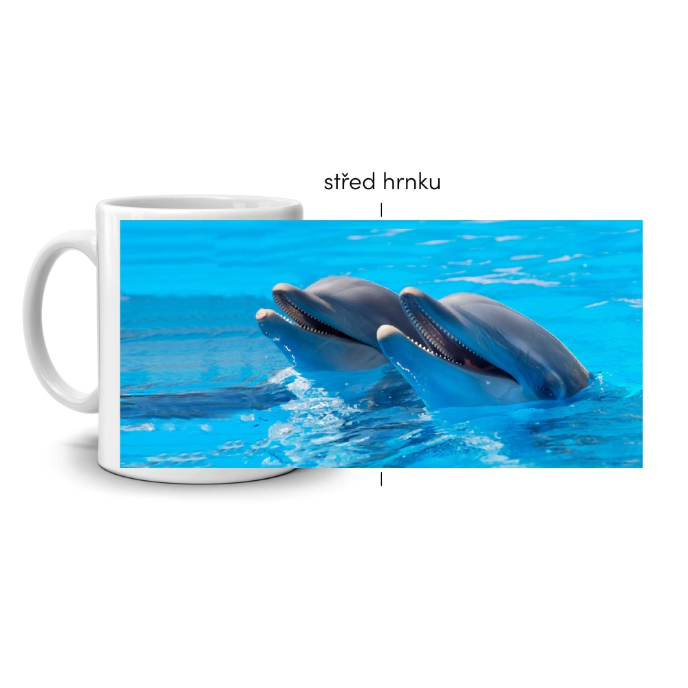 Biely keramický hrnček 330ml s obrázkom - delfíny úsmev