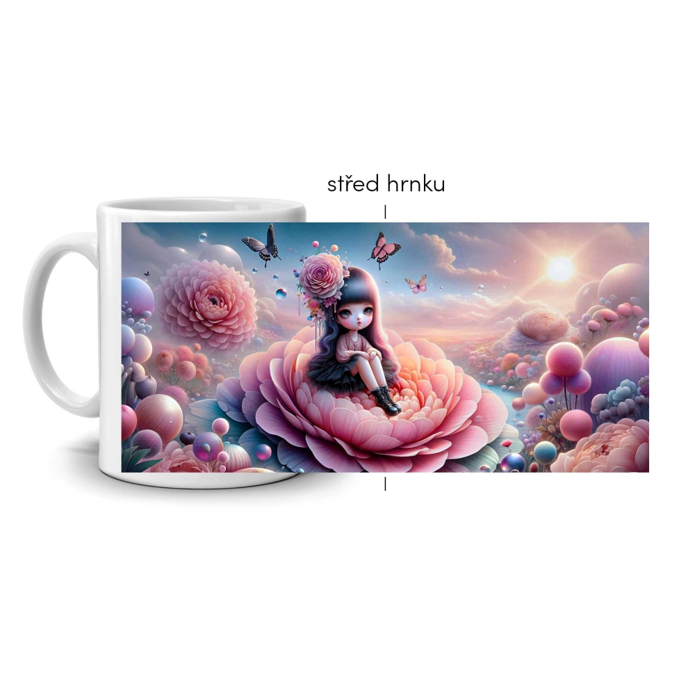 Biely keramický hrnček 330ml s obrázkom - dievča z kvetinového sna