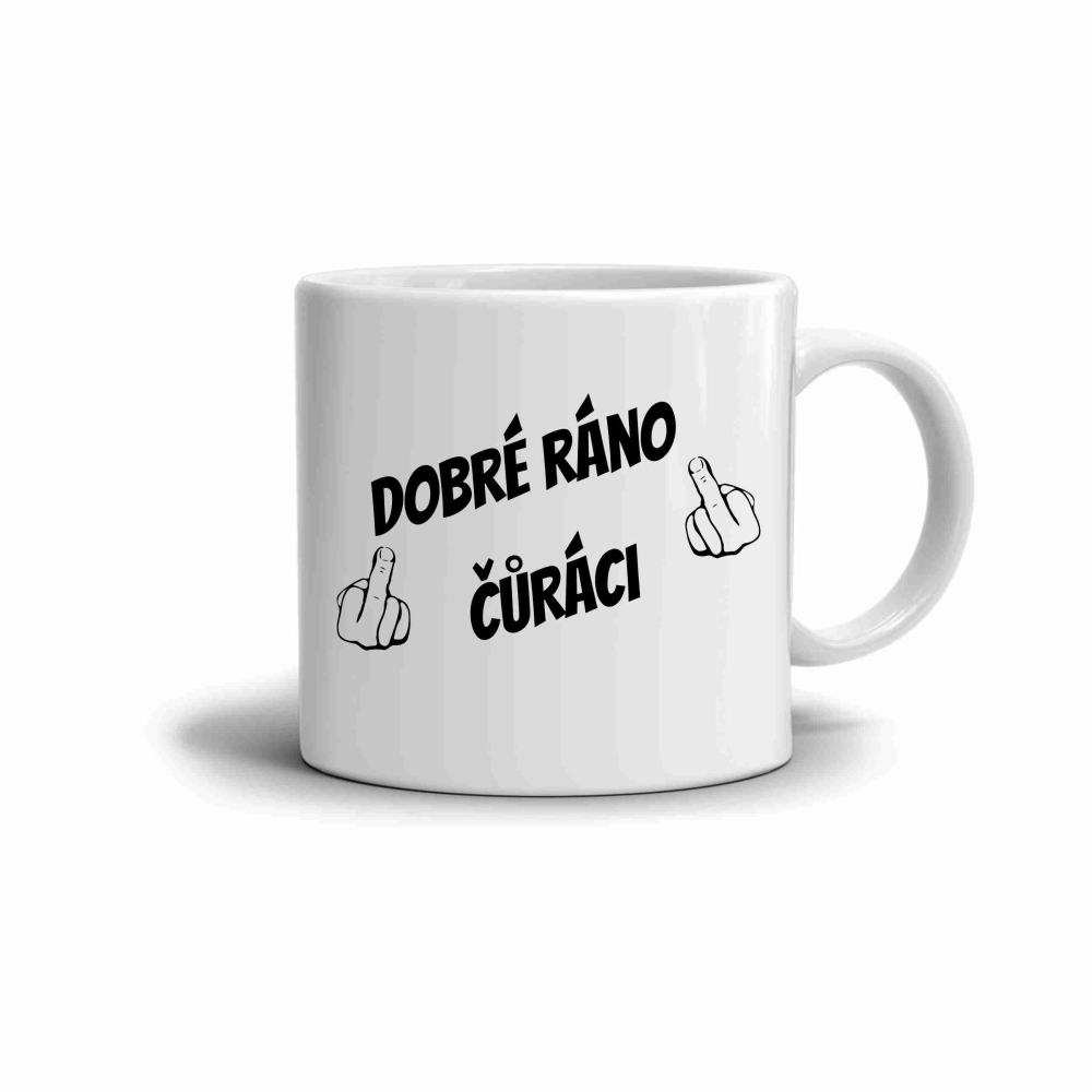 Biely keramický hrnček 330ml s obrázkom - dobré ráno č*ráci