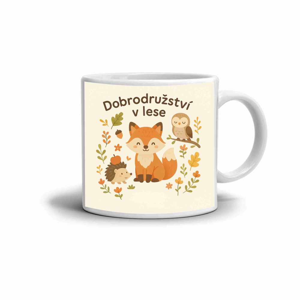 Biely keramický hrnček 330ml s obrázkom - dobrodružstvo v lese